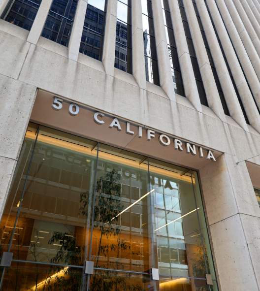 Entrance to building 50 California St in San Francisco, CA.